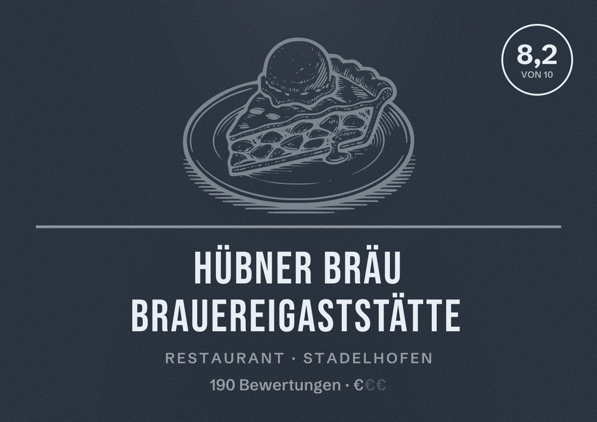 Illustriertes Poster von Hübner Bräu Brauereigaststätte, Restaurant in Stadelhofen: Bewertung 8,2 von 10 aus 190 Bewertungen, Preisniveau €