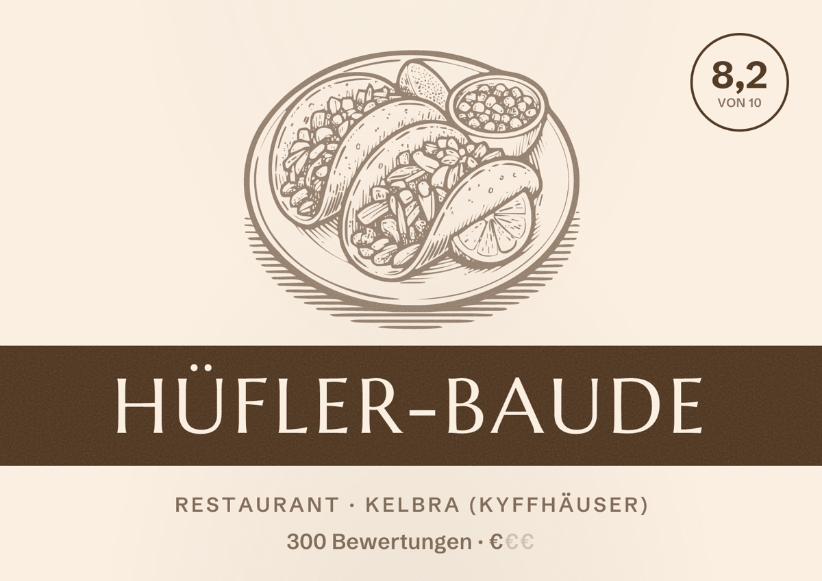 Illustriertes Poster von Hüfler-Baude, Restaurant in Kelbra (Kyffhäuser): Bewertung 8,2 von 10 aus 300 Bewertungen, Preisniveau €
