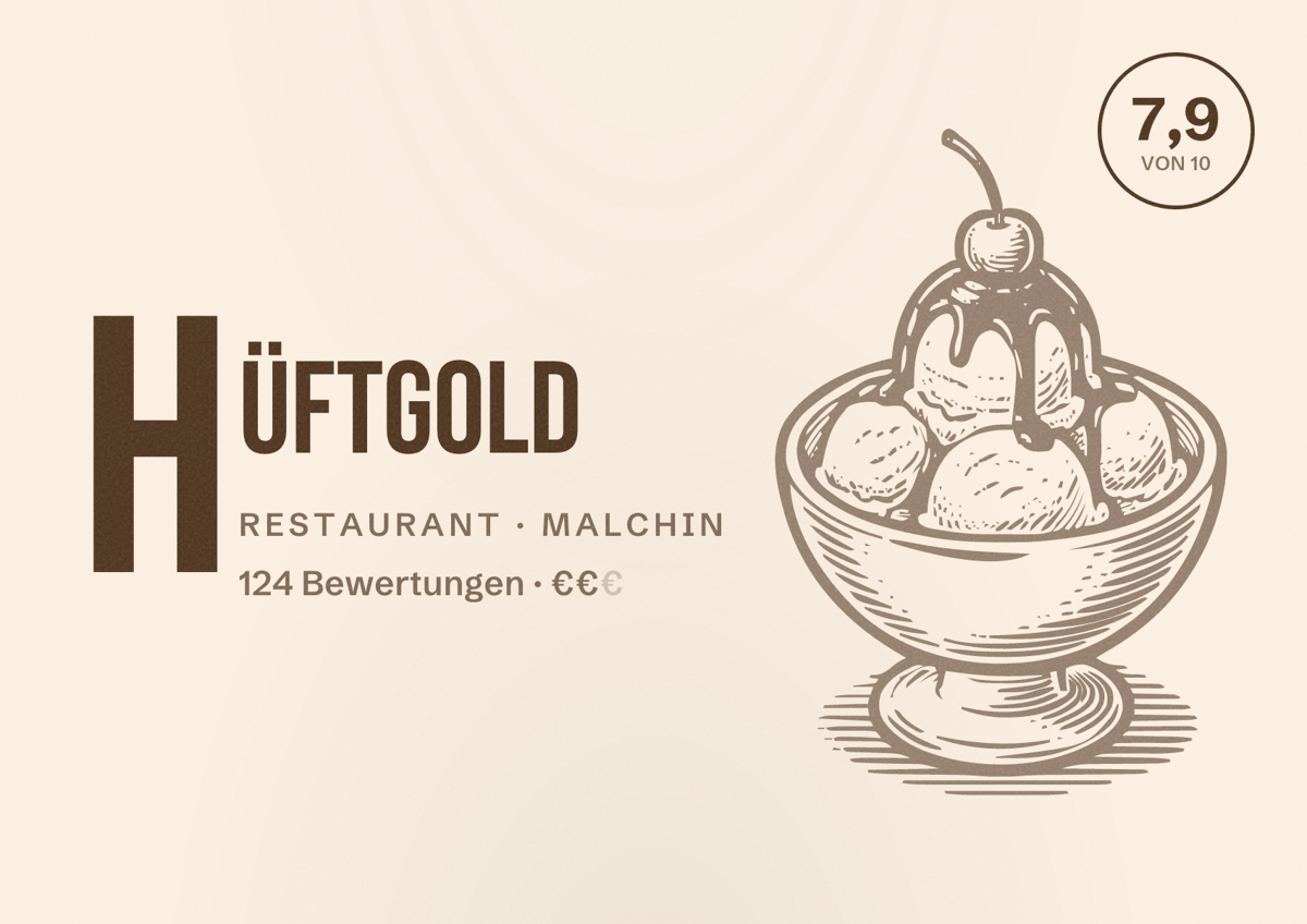 Illustriertes Poster von Hüftgold, Restaurant in Malchin: Bewertung 7,9 von 10 aus 124 Bewertungen, Preisniveau €€