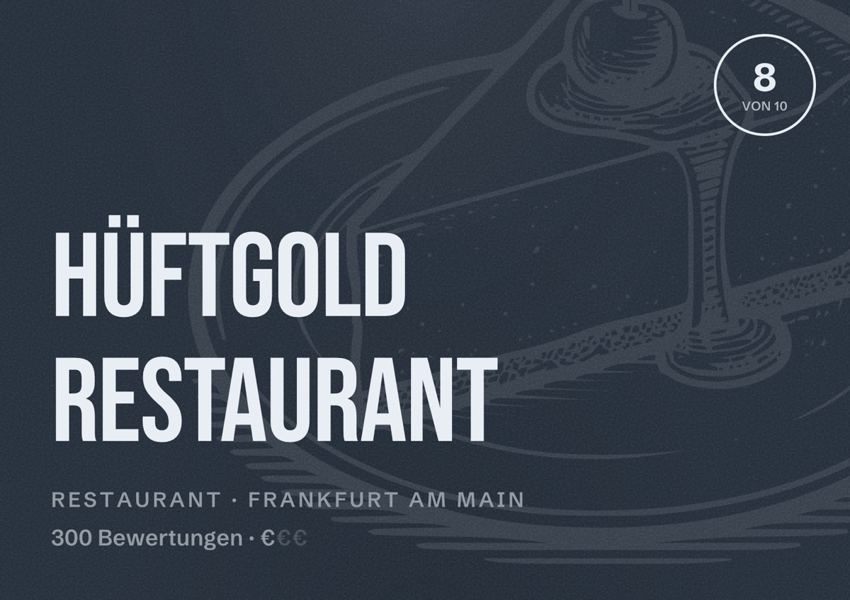 Illustriertes Poster von Hüftgold Restaurant, Restaurant in Frankfurt am Main: Bewertung 8,0 von 10 aus 300 Bewertungen, Preisniveau €