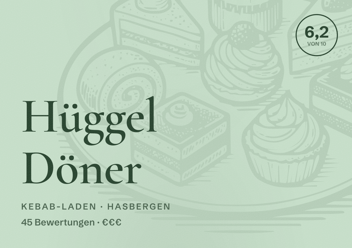 Illustriertes Poster von Hüggel Döner, Kebab-Laden in Hasbergen: Bewertung 6,2 von 10 aus 45 Bewertungen, Preisniveau €€€