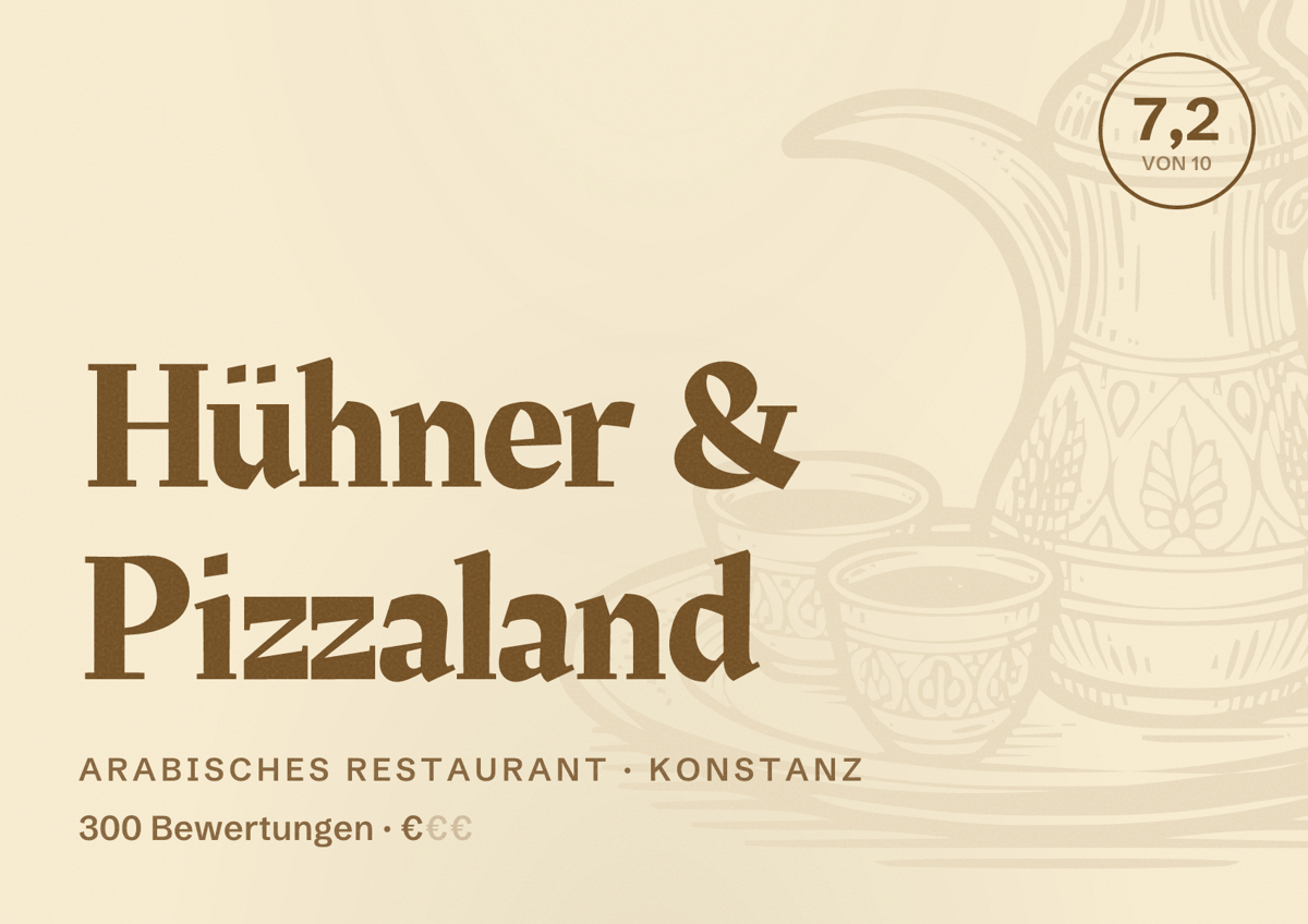 Illustriertes Poster von Hühner & Pizzaland, Arabisches Restaurant in Konstanz: Bewertung 7,2 von 10 aus 300 Bewertungen, Preisniveau €