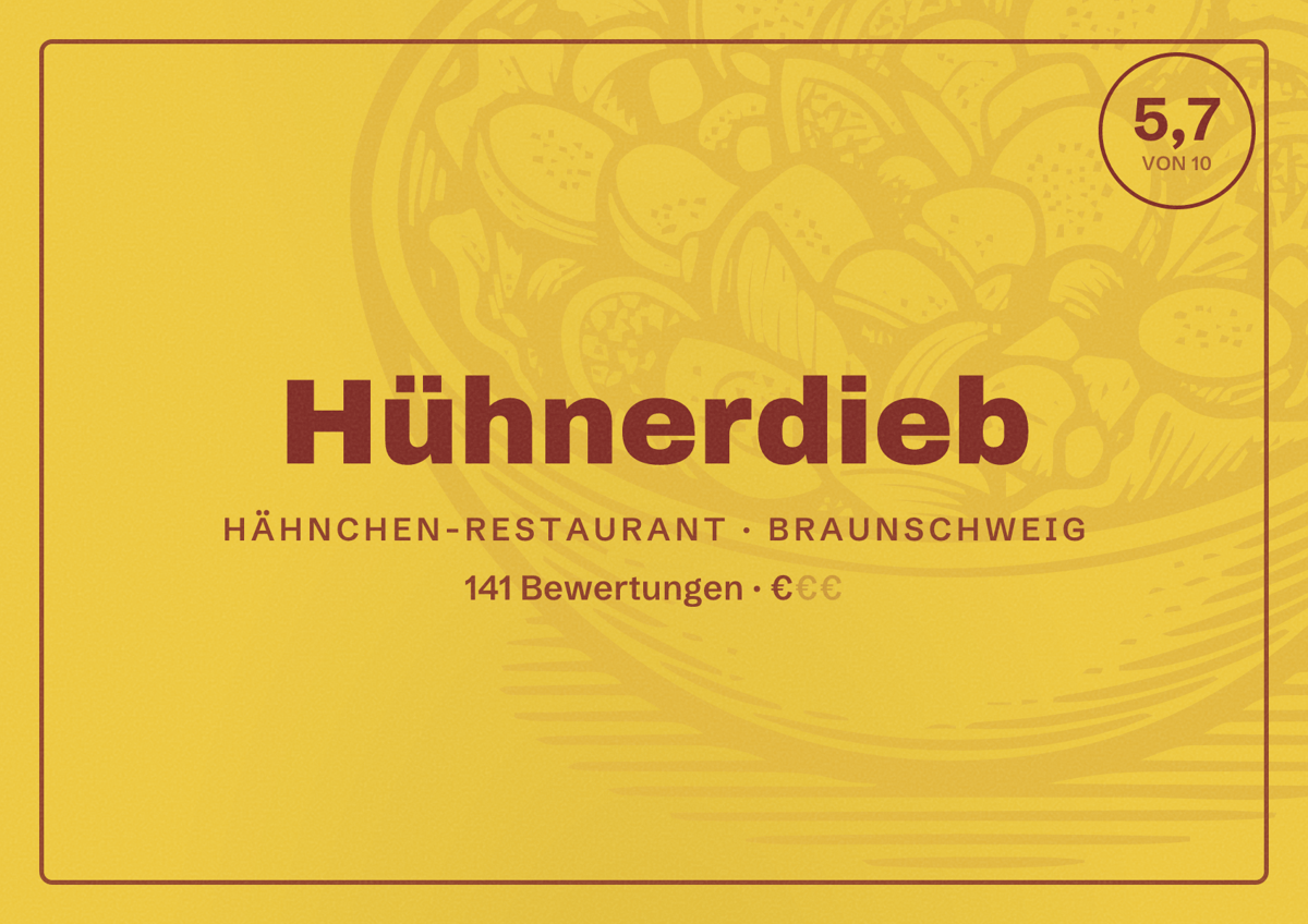 Illustriertes Poster von Hühnerdieb, Hähnchen-Restaurant in Braunschweig: Bewertung 5,7 von 10 aus 141 Bewertungen, Preisniveau €