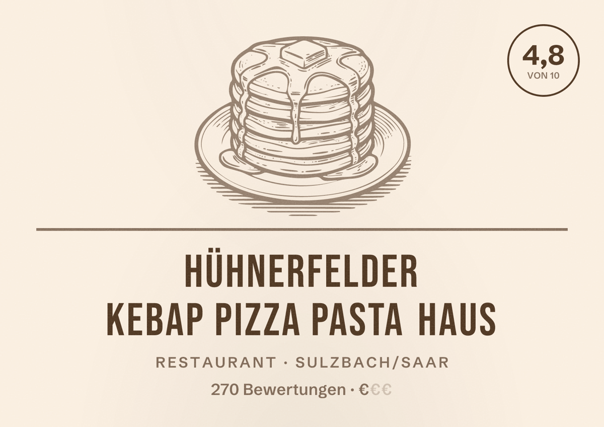 Illustriertes Poster von Hühnerfelder Kebap Pizza Pasta Haus, Restaurant in Sulzbach/Saar: Bewertung 4,8 von 10 aus 270 Bewertungen, Preisniveau €