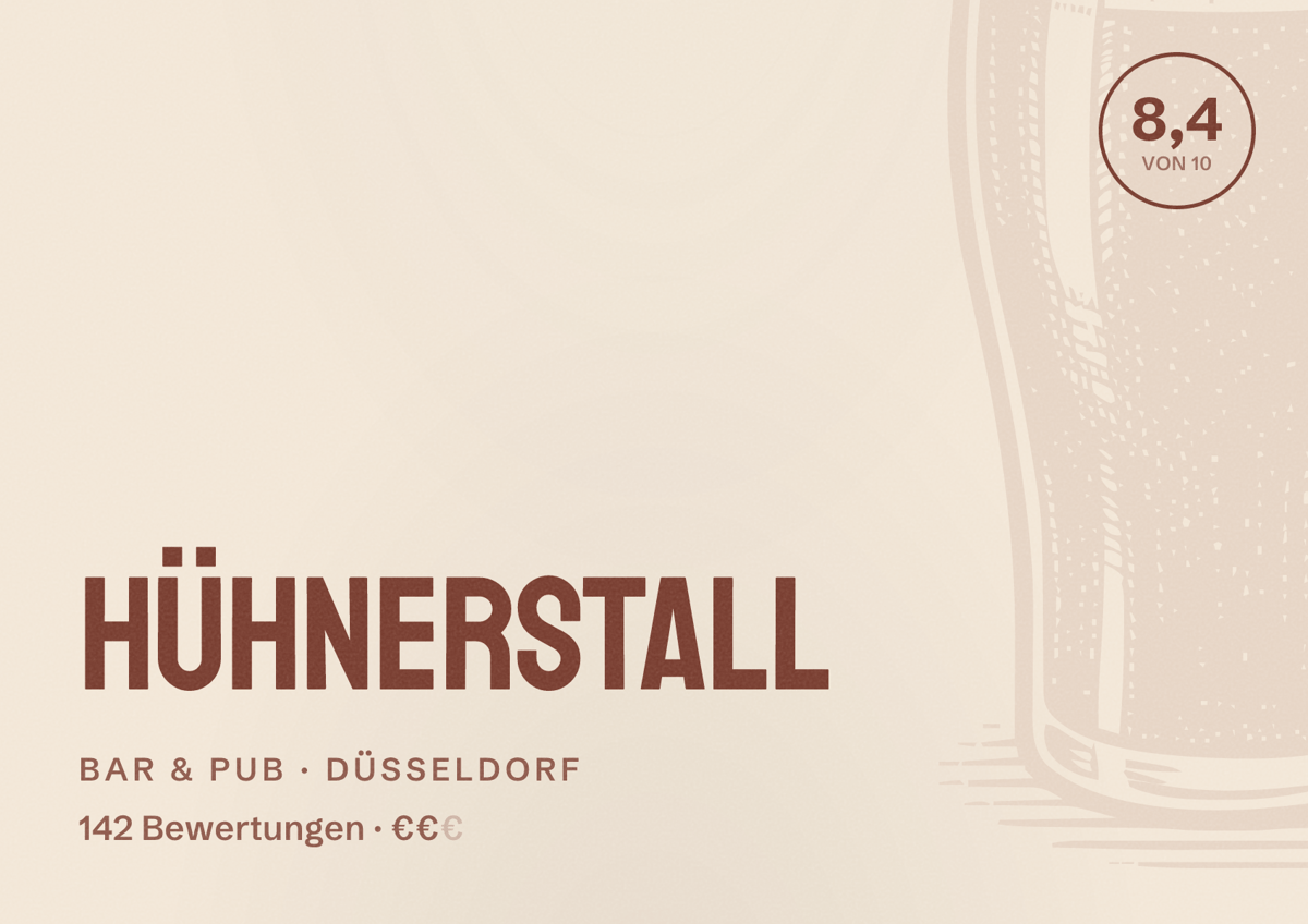 Illustriertes Poster von Hühnerstall, Bar & Pub in Düsseldorf: Bewertung 8,4 von 10 aus 142 Bewertungen, Preisniveau €€