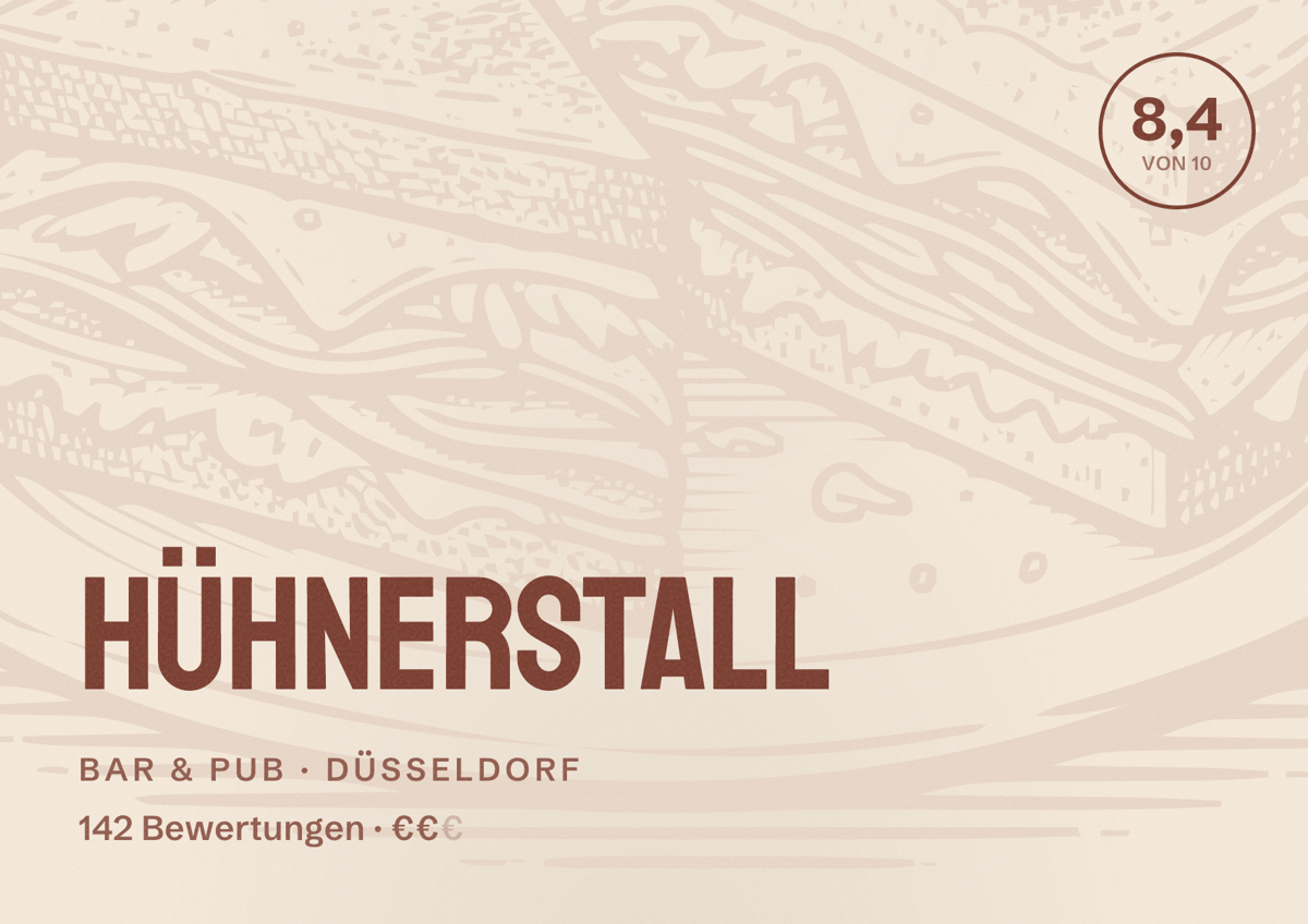 Illustriertes Poster von Hühnerstall, Bar & Pub in Düsseldorf: Bewertung 8,4 von 10 aus 142 Bewertungen, Preisniveau €€