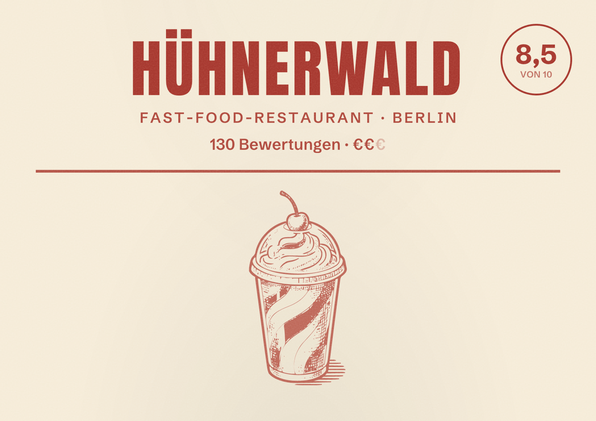 Illustriertes Poster von Hühnerwald, Fast-Food-Restaurant in Berlin: Bewertung 8,5 von 10 aus 130 Bewertungen, Preisniveau €€