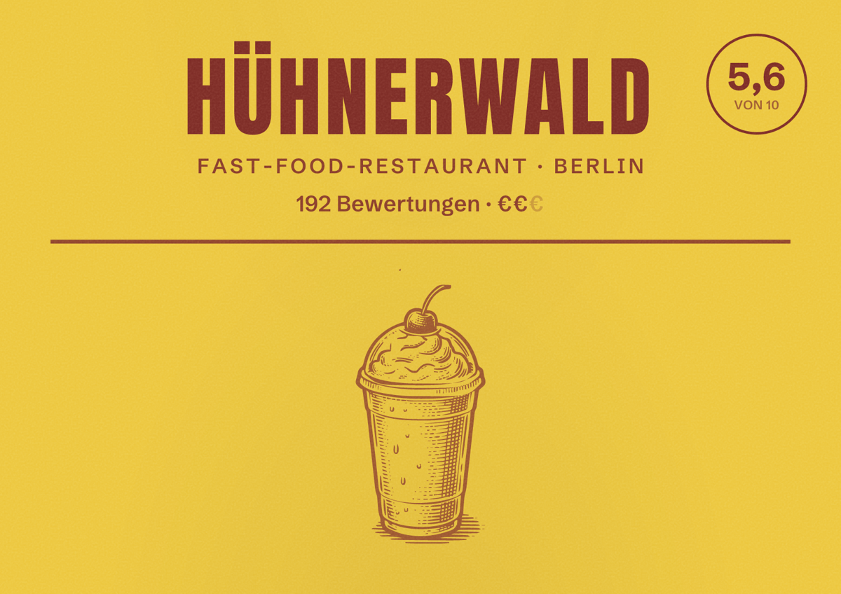 Illustriertes Poster von Hühnerwald, Fast-Food-Restaurant in Berlin: Bewertung 5,6 von 10 aus 192 Bewertungen, Preisniveau €€