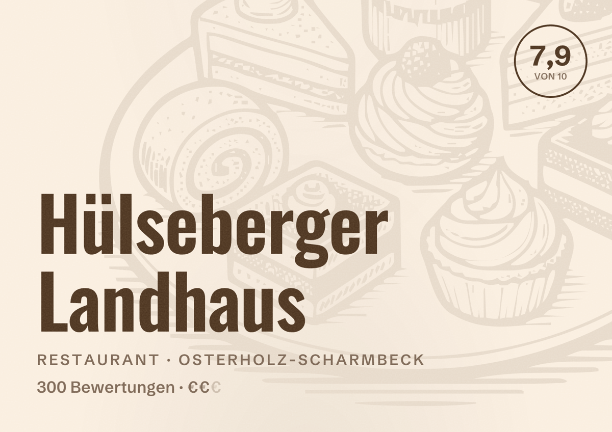 Illustriertes Poster von Hülseberger Landhaus, Restaurant in Osterholz-Scharmbeck: Bewertung 7,9 von 10 aus 300 Bewertungen, Preisniveau €€