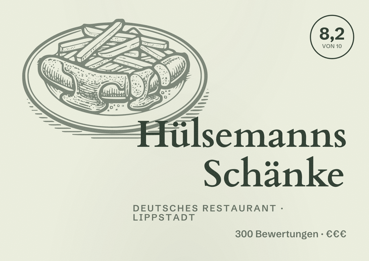 Illustriertes Poster von Hülsemanns Schänke, Deutsches Restaurant in Lippstadt: Bewertung 8,2 von 10 aus 300 Bewertungen, Preisniveau €€€