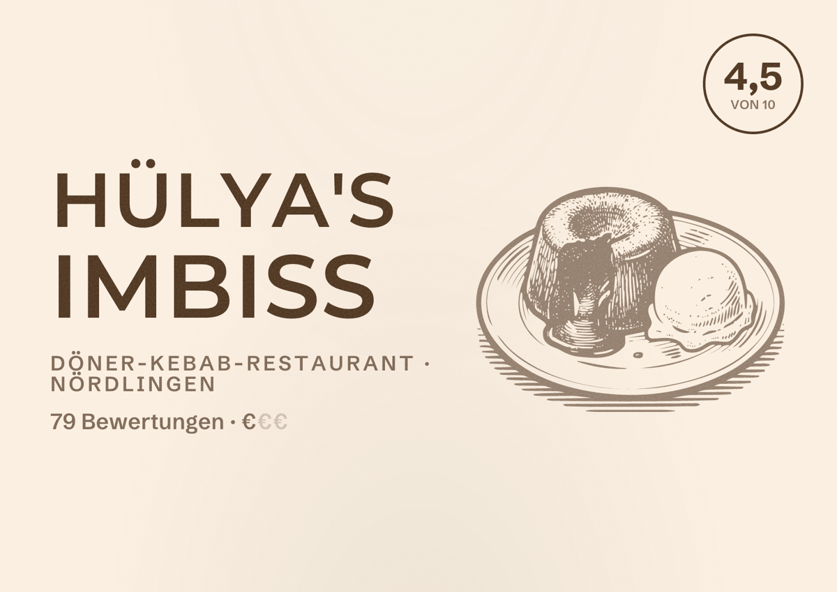 Illustriertes Poster von Hülya's Imbiss, Döner-Kebab-Restaurant in Nördlingen: Bewertung 4,5 von 10 aus 79 Bewertungen, Preisniveau €