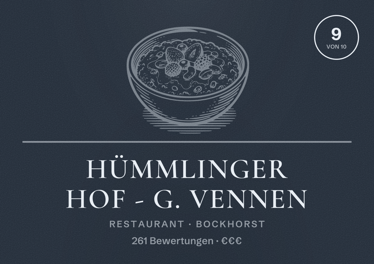 Illustriertes Poster von Hümmlinger Hof - G. Vennen, Restaurant in Bockhorst: Bewertung 9 von 10 aus 261 Bewertungen, Preisniveau €€€