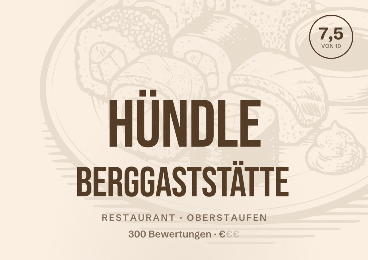 Illustriertes Poster von Hündle Berggaststätte, Restaurant in Oberstaufen: Bewertung 7,5 von 10 aus 300 Bewertungen, Preisniveau €