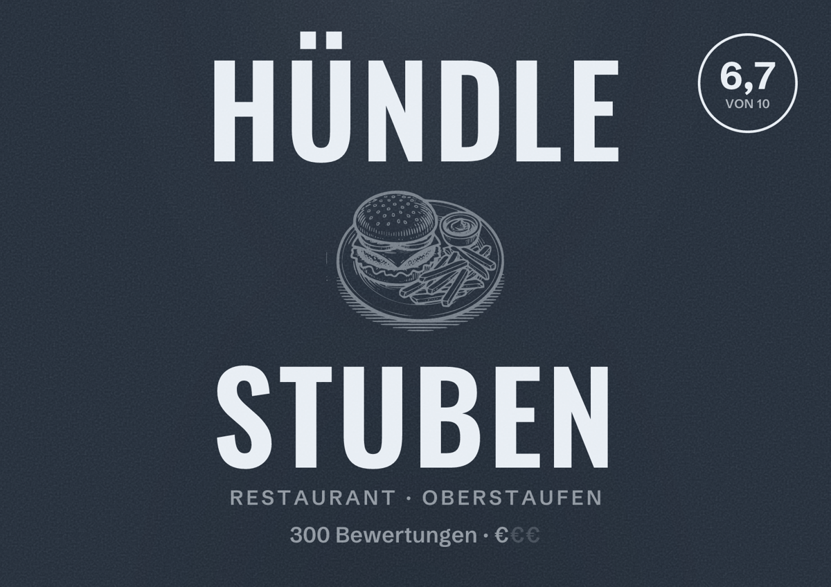 Illustriertes Poster von Hündle Stuben, Restaurant in Oberstaufen: Bewertung 6,7 von 10 aus 300 Bewertungen, Preisniveau €