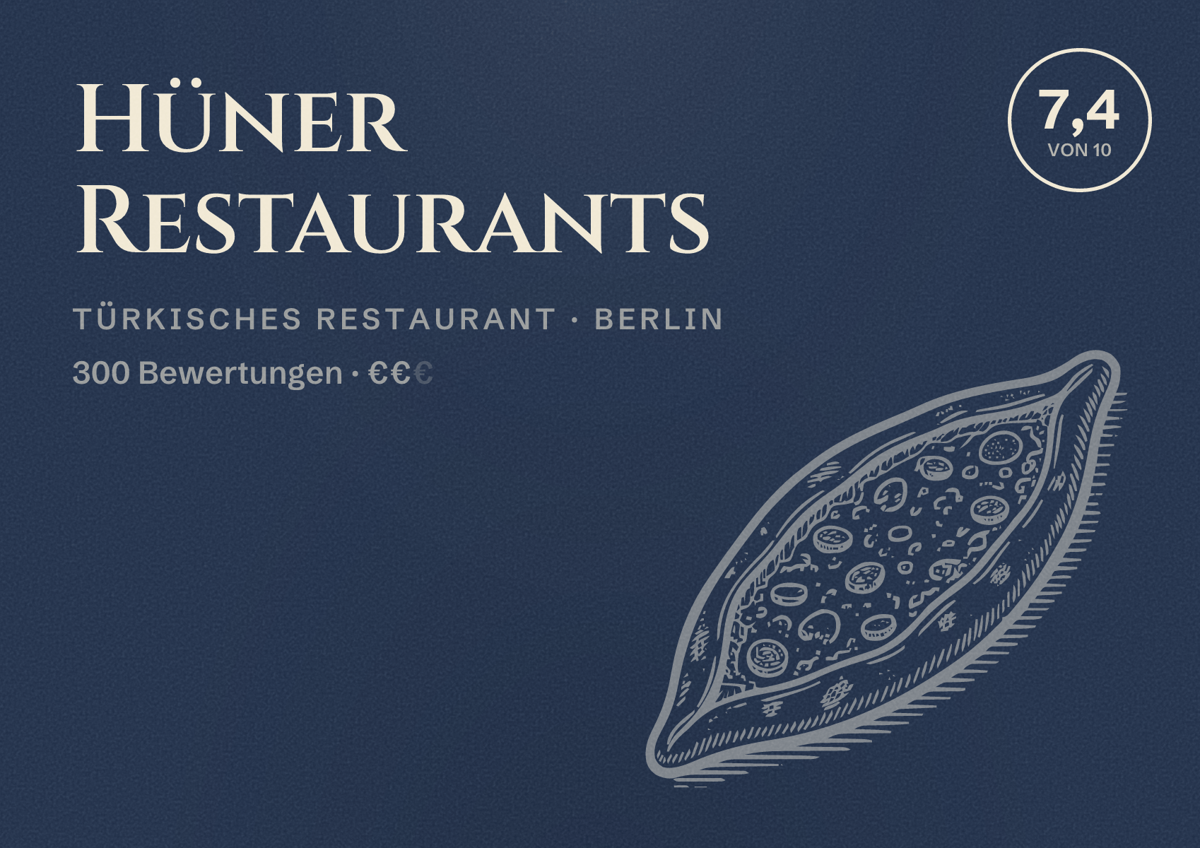 Illustriertes Poster von Hüner Restaurants, Türkisches Restaurant in Berlin: Bewertung 7,4 von 10 aus 300 Bewertungen, Preisniveau €€