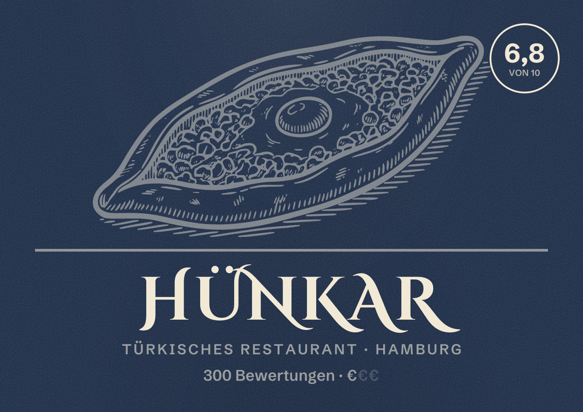 Illustriertes Poster von Hünkar, Türkisches Restaurant in Hamburg: Bewertung 6,8 von 10 aus 300 Bewertungen, Preisniveau €