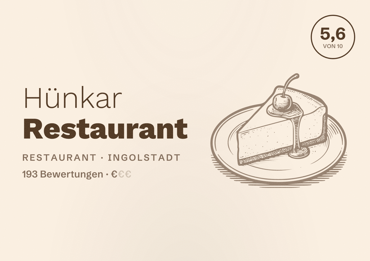 Illustriertes Poster von Hünkar Restaurant, Restaurant in Ingolstadt: Bewertung 5,6 von 10 aus 193 Bewertungen, Preisniveau €