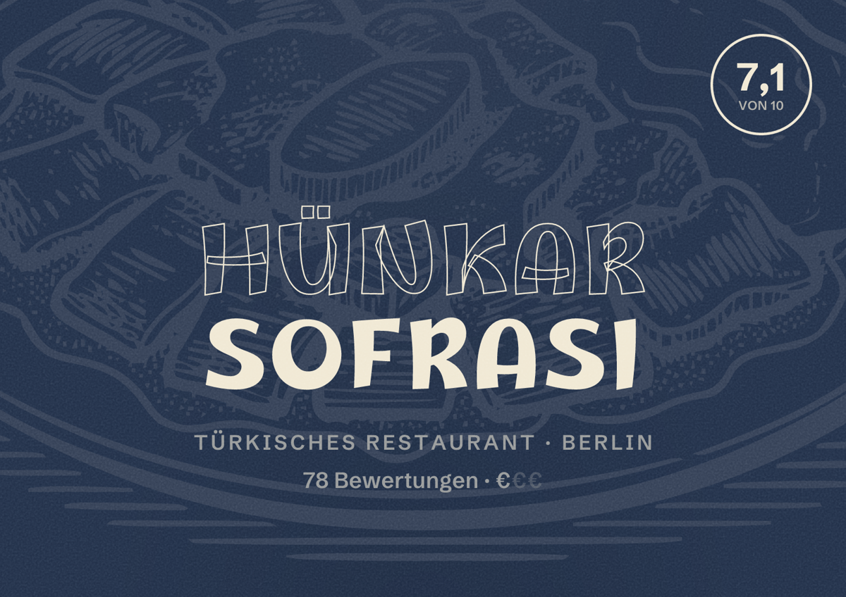 Illustriertes Poster von Hünkar Sofrasi, Türkisches Restaurant in Berlin: Bewertung 7,1 von 10 aus 78 Bewertungen, Preisniveau €