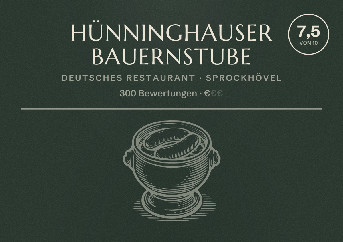 Illustriertes Poster von Hünninghauser Bauernstube, Deutsches Restaurant in Sprockhövel: Bewertung 7,5 von 10 aus 300 Bewertungen, Preisniveau €
