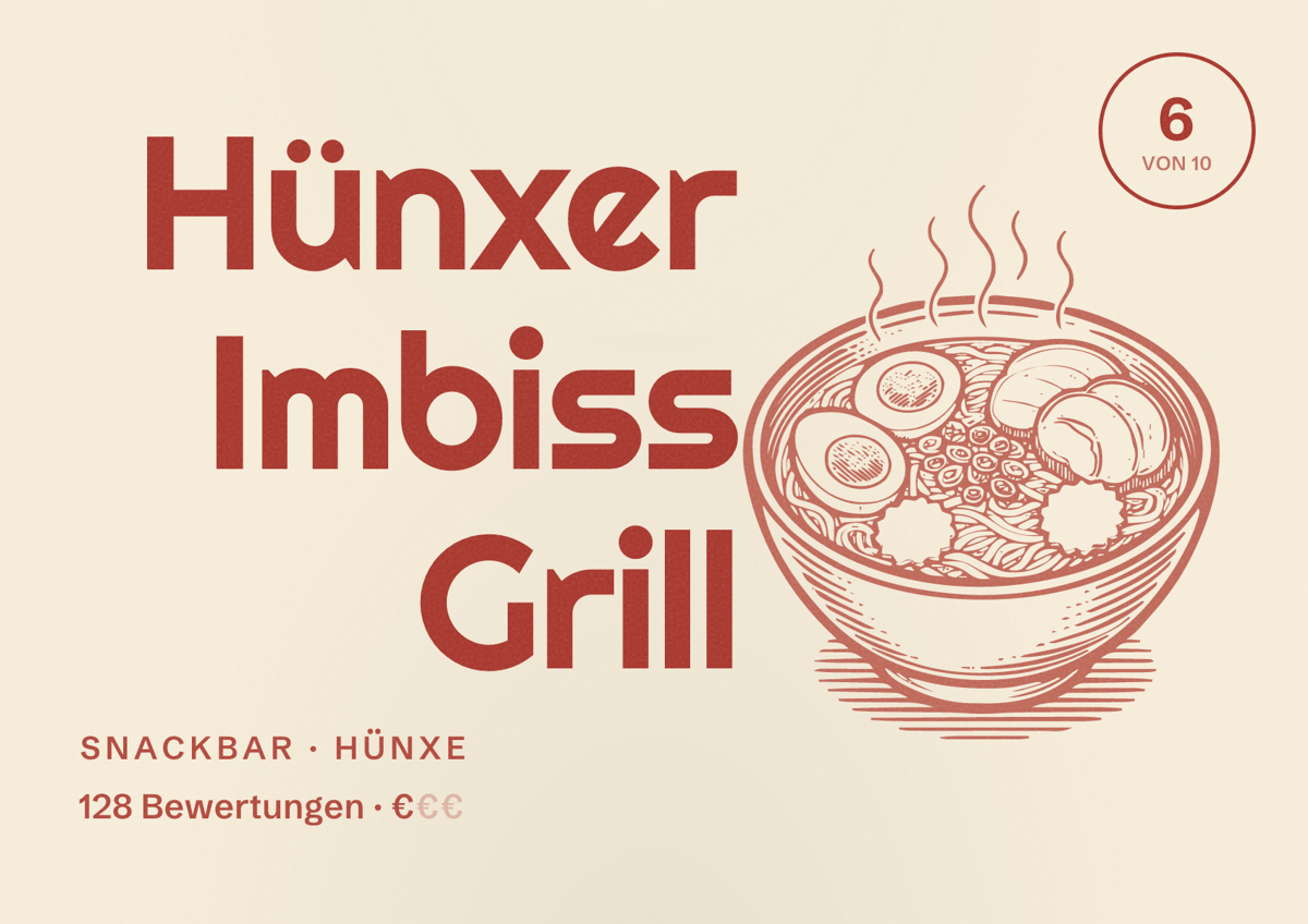 Illustriertes Poster von Hünxer Imbiss Grill, Snackbar in Hünxe: Bewertung 6 von 10 aus 128 Bewertungen, Preisniveau €