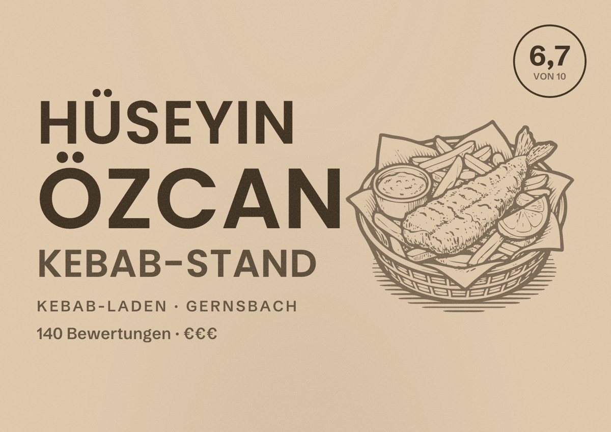 Illustriertes Poster von Hüseyin Özcan Kebab-Stand, Kebab-Laden in Gernsbach: Bewertung 6,7 von 10 aus 140 Bewertungen, Preisniveau €€€