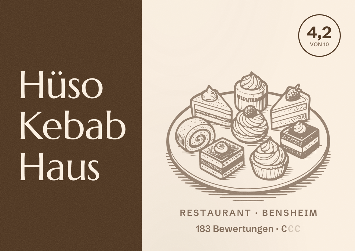 Illustriertes Poster von Hüso Kebab Haus, Restaurant in Bensheim: Bewertung 4,2 von 10 aus 183 Bewertungen, Preisniveau €