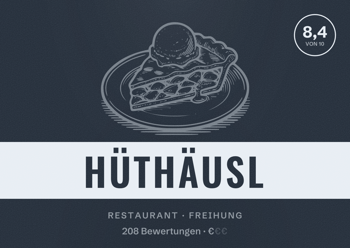 Illustriertes Poster von Hüthäusl, Restaurant in Freihung: Bewertung 8,4 von 10 aus 208 Bewertungen, Preisniveau €