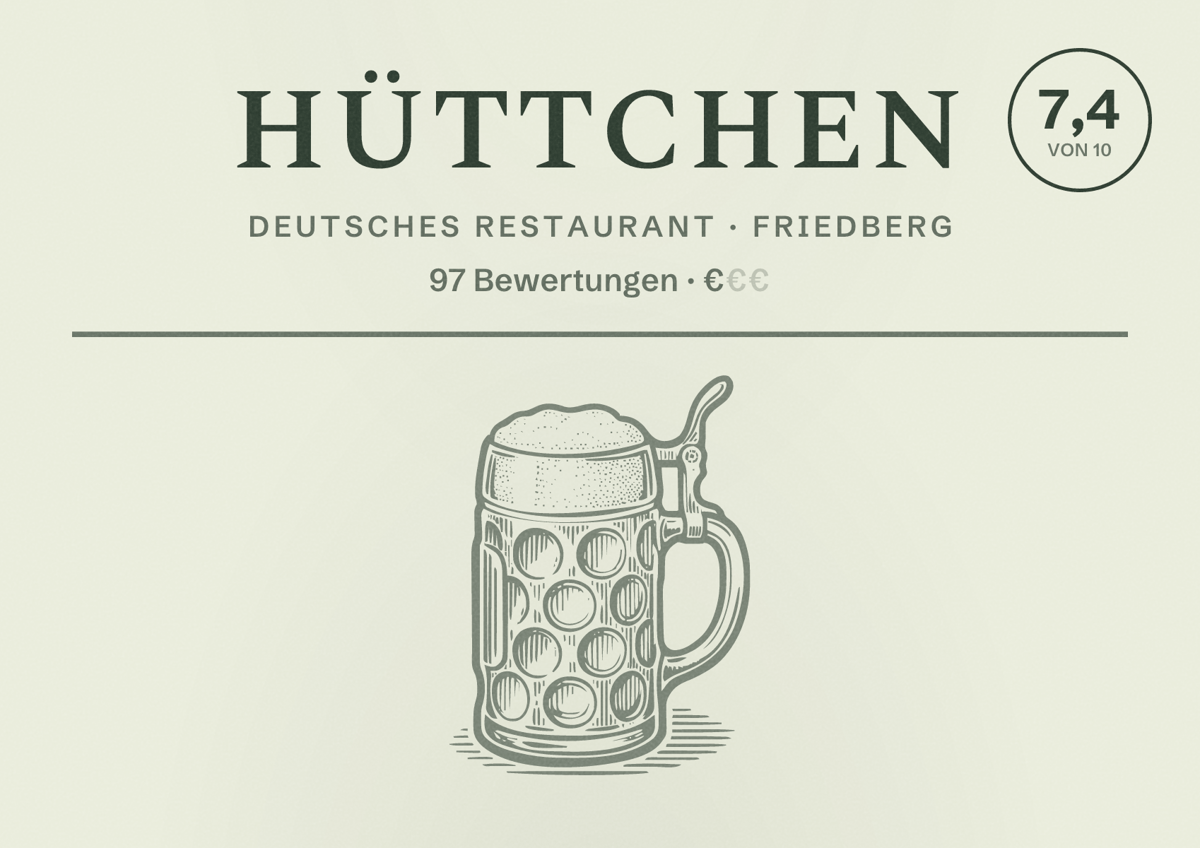 Illustriertes Poster von Hüttchen, Deutsches Restaurant in Friedberg: Bewertung 7,4 von 10 aus 97 Bewertungen, Preisniveau €