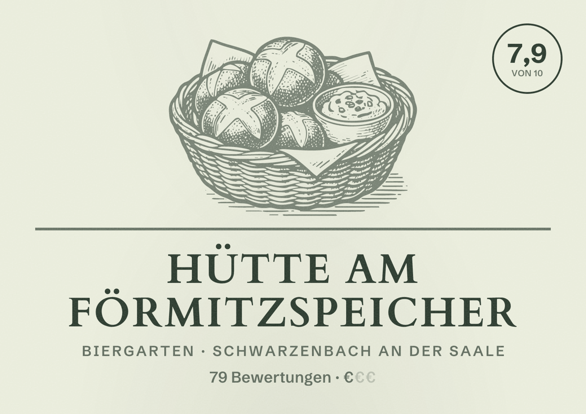 Illustriertes Poster von Hütte am Förmitzspeicher, Biergarten in Schwarzenbach an der Saale: Bewertung 7,9 von 10 aus 79 Bewertungen, Preisniveau €