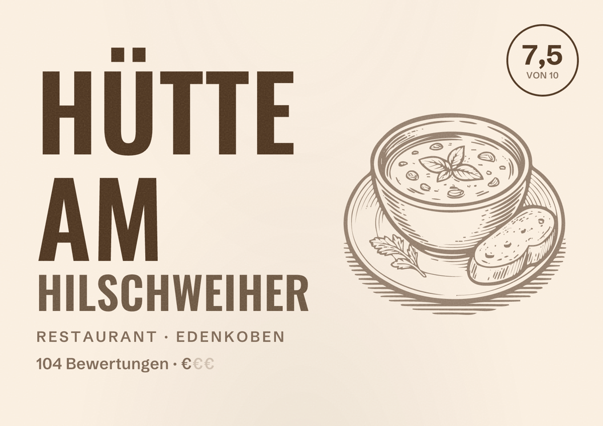 Illustriertes Poster von Hütte am Hilschweiher, Restaurant in Edenkoben: Bewertung 7,5 von 10 aus 104 Bewertungen, Preisniveau €