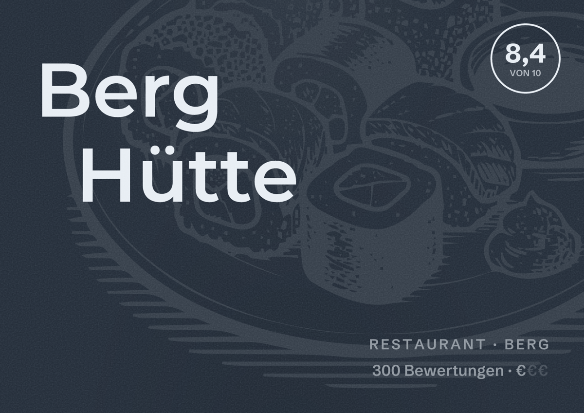Illustriertes Poster von Berg Hütte, Restaurant in Berg: Bewertung 8,4 von 10 aus 300 Bewertungen, Preisniveau €