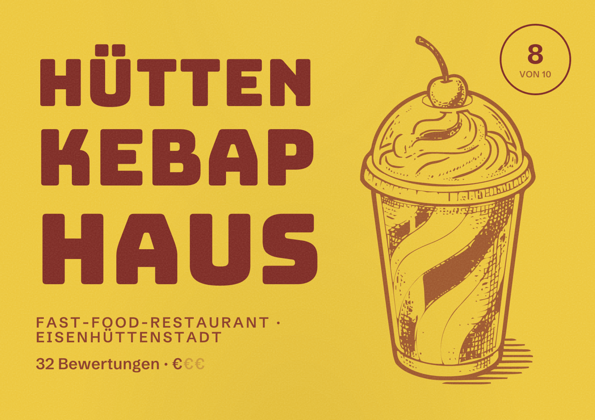 Illustriertes Poster von Hütten Kebap Haus, Fast-Food-Restaurant in Eisenhüttenstadt: Bewertung 8 von 10 aus 32 Bewertungen, Preisniveau €