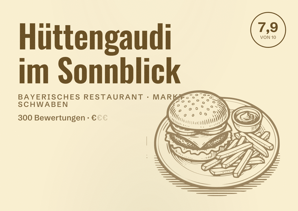 Illustriertes Poster von Hüttengaudi im Sonnblick, Bayerisches Restaurant in Markt Schwaben: Bewertung 7,9 von 10 aus 300 Bewertungen, Preisniveau €