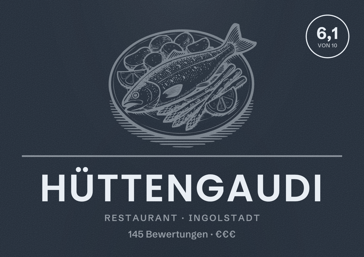 Illustriertes Poster von Hüttengaudi, Restaurant in Ingolstadt: Bewertung 6,1 von 10 aus 145 Bewertungen, Preisniveau €€€