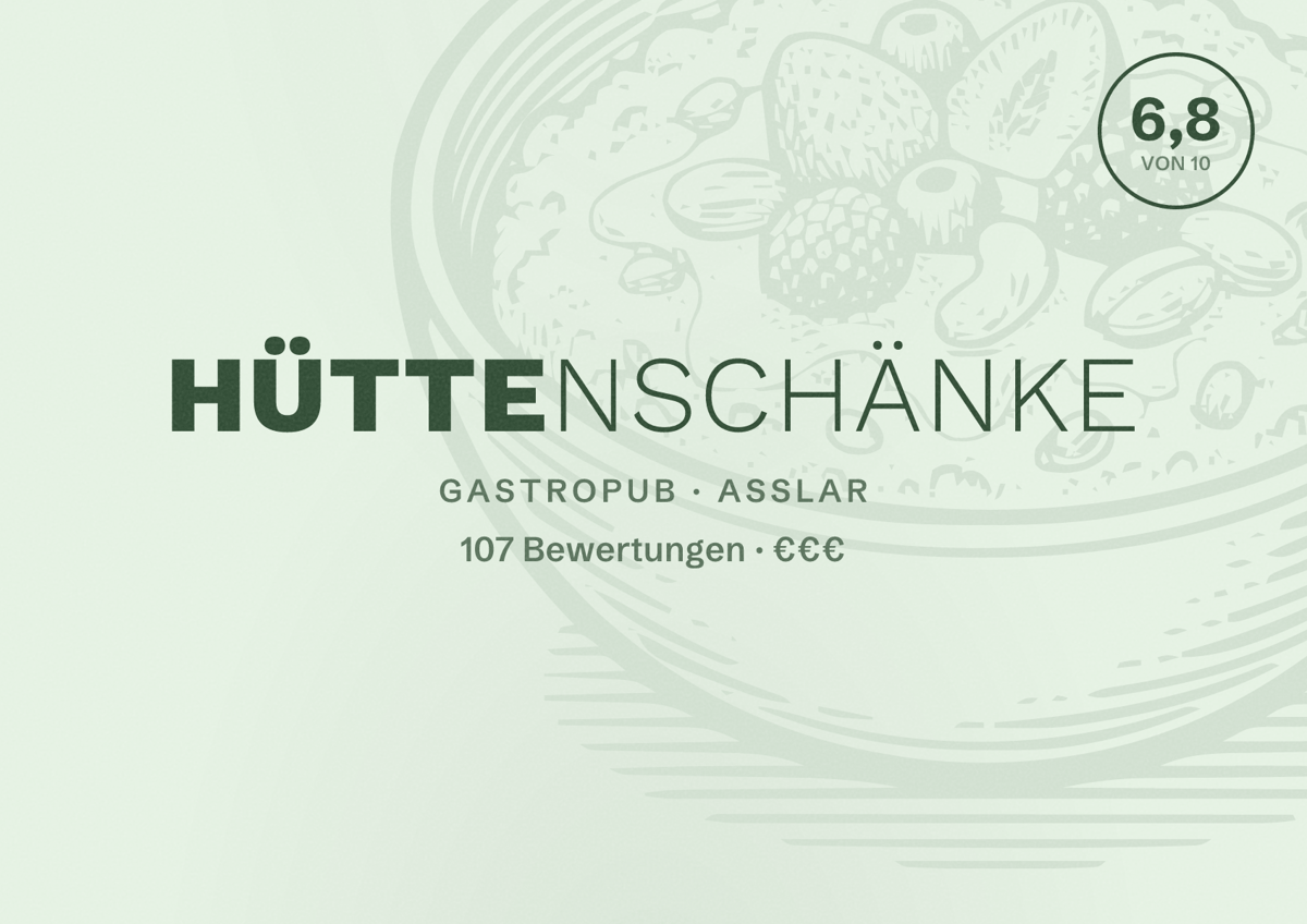 Illustriertes Poster von Hüttenschänke, Gastropub in Aßlar: Bewertung 6,8 von 10 aus 107 Bewertungen, Preisniveau €€€