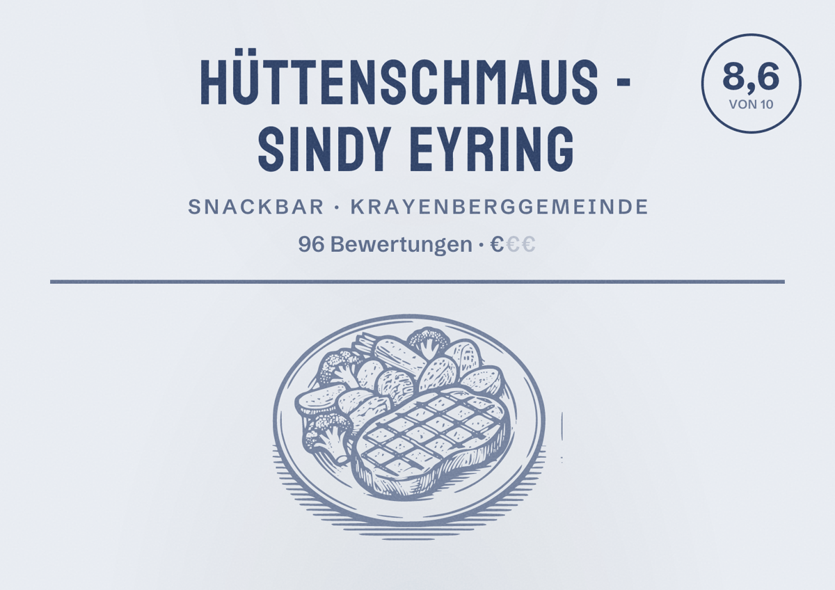 Illustriertes Poster von Hüttenschmaus - Sindy Eyring, Snackbar in Krayenberggemeinde: Bewertung 8,6 von 10 aus 96 Bewertungen, Preisniveau €