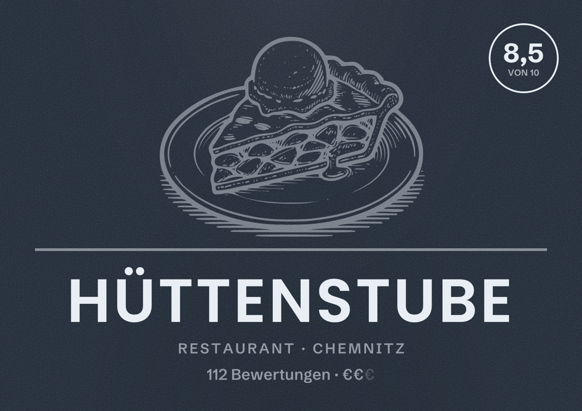 Illustriertes Poster von Hüttenstube, Restaurant in Chemnitz: Bewertung 8,5 von 10 aus 112 Bewertungen, Preisniveau €€