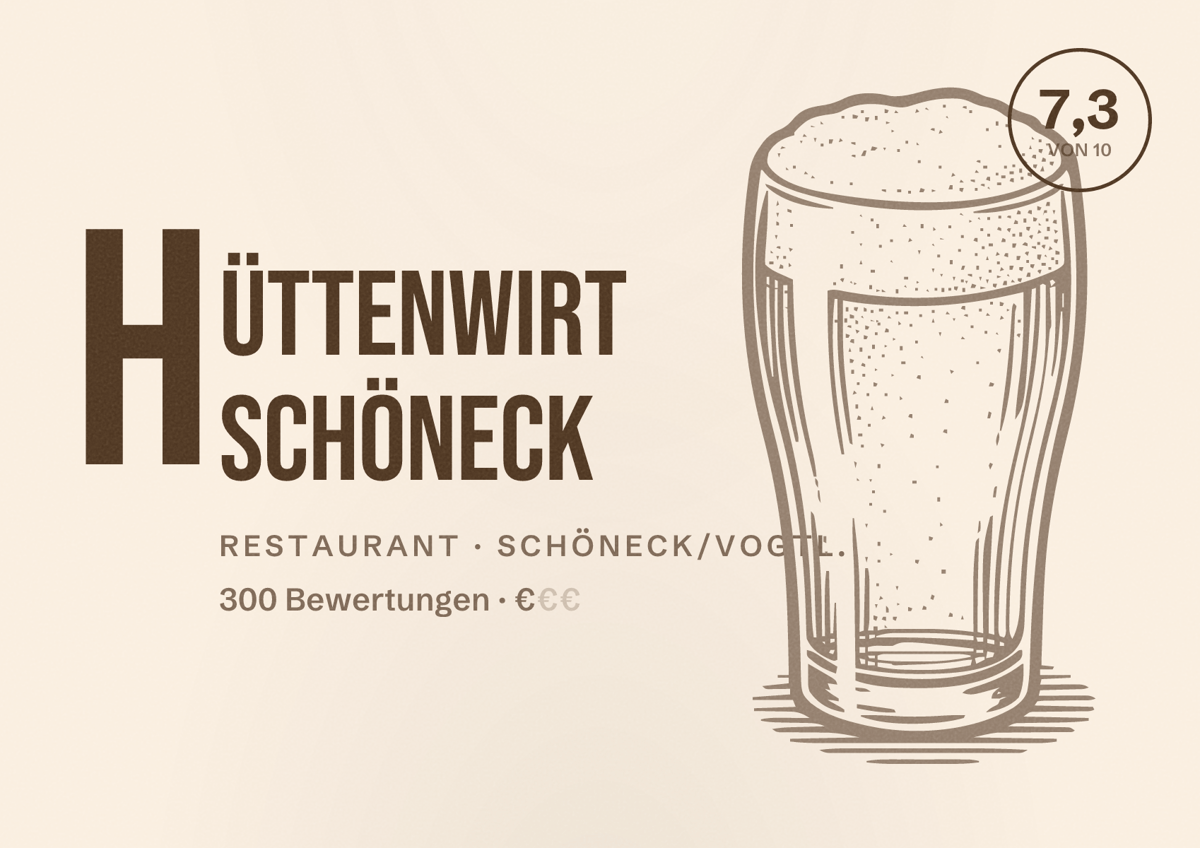 Illustriertes Poster von Hüttenwirt Schöneck, Restaurant in Schöneck/Vogtl.: Bewertung 7,3 von 10 aus 300 Bewertungen, Preisniveau €