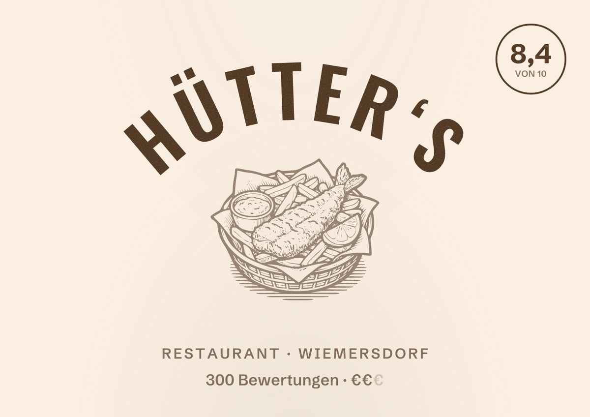 Illustriertes Poster von Hütter‘s, Restaurant in Wiemersdorf: Bewertung 8,4 von 10 aus 300 Bewertungen, Preisniveau €€