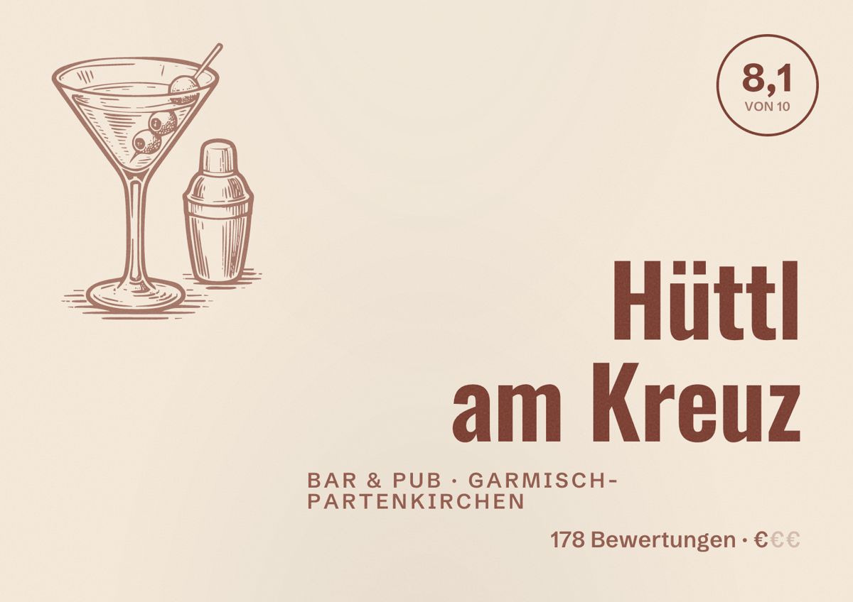 Illustriertes Poster von Hüttl am Kreuz, Bar & Pub in Garmisch-Partenkirchen: Bewertung 8,1 von 10 aus 178 Bewertungen, Preisniveau €