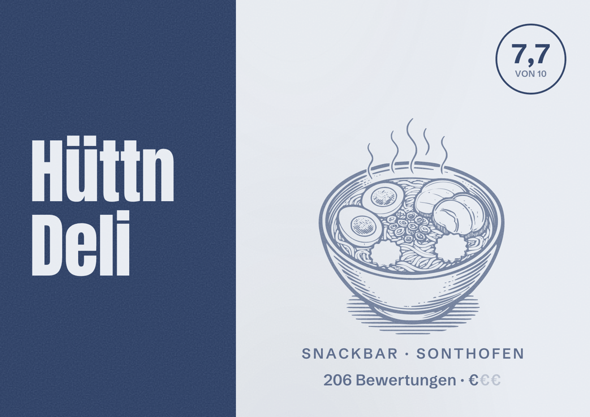 Illustriertes Poster von Hüttn Deli, Snackbar in Sonthofen: Bewertung 7,7 von 10 aus 206 Bewertungen, Preisniveau €