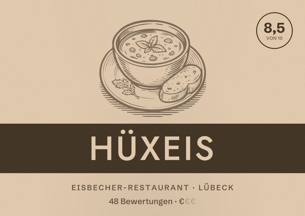 Illustriertes Poster von HüxEis, Eisbecher-Restaurant in Lübeck: Bewertung 8,5 von 10 aus 48 Bewertungen, Preisniveau €