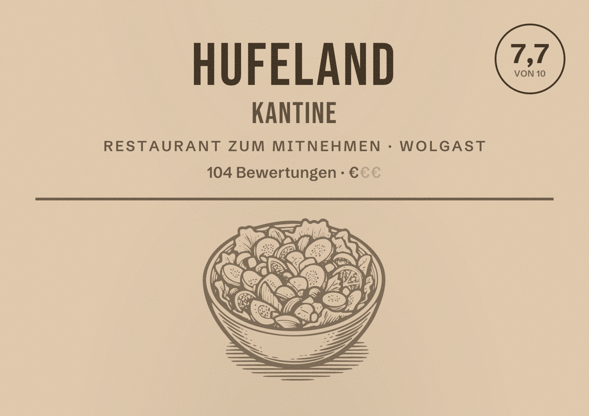 Illustriertes Poster von Hufeland Kantine, Restaurant zum Mitnehmen in Wolgast: Bewertung 7,7 von 10 aus 104 Bewertungen, Preisniveau €