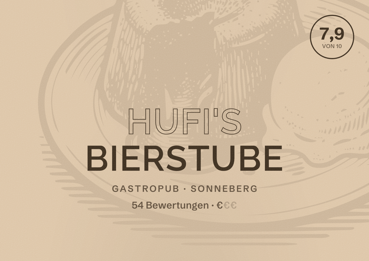 Illustriertes Poster von Hufi's Bierstube, Gastropub in Sonneberg: Bewertung 7,9 von 10 aus 54 Bewertungen, Preisniveau €