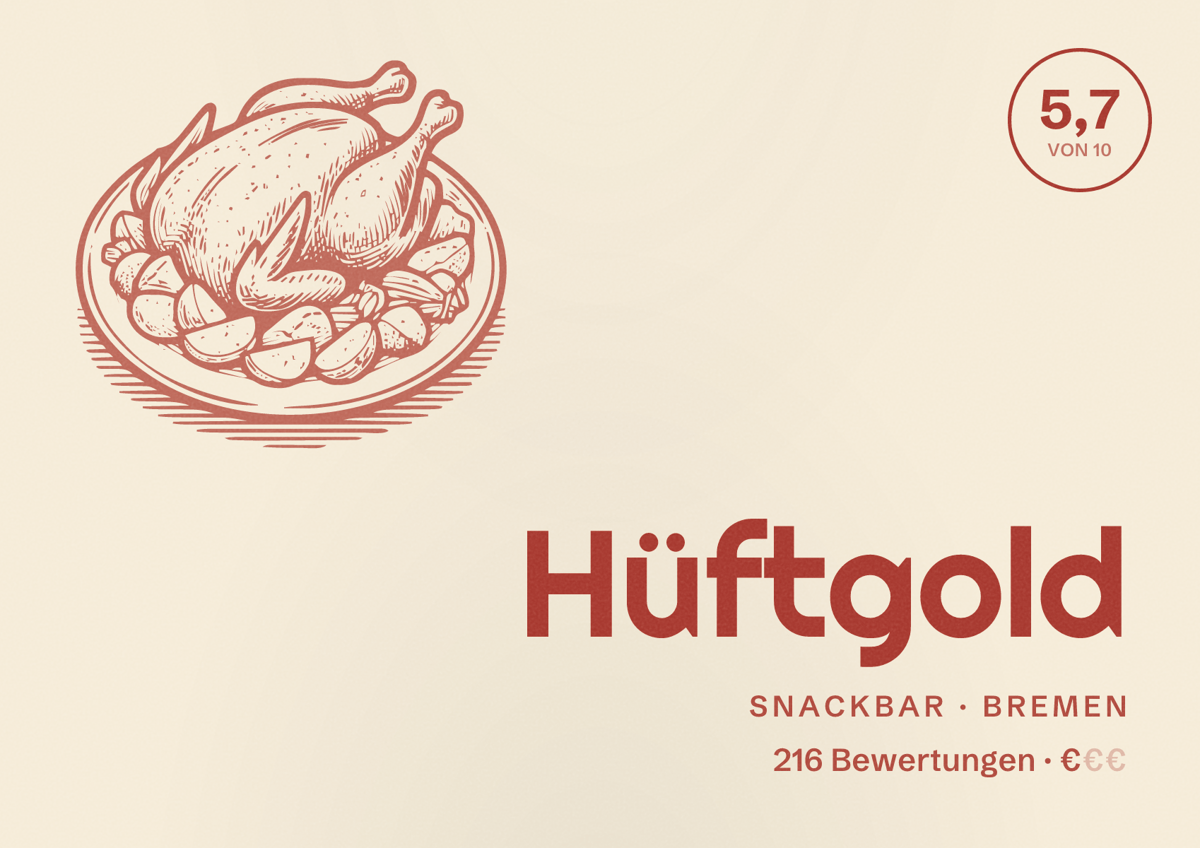 Illustriertes Poster von Hüftgold, Snackbar in Bremen: Bewertung 5,7 von 10 aus 216 Bewertungen, Preisniveau €