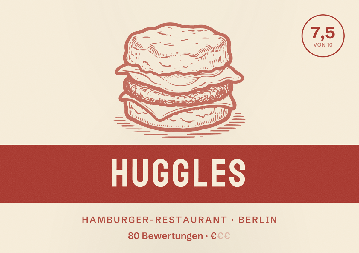 Illustriertes Poster von HUGGLES, Hamburger-Restaurant in Berlin: Bewertung 7,5 von 10 aus 80 Bewertungen, Preisniveau €