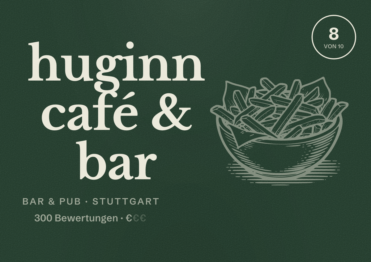 Illustriertes Poster von huginn café & bar, Bar & Pub in Stuttgart: Bewertung 8,0 von 10 aus 300 Bewertungen, Preisniveau €
