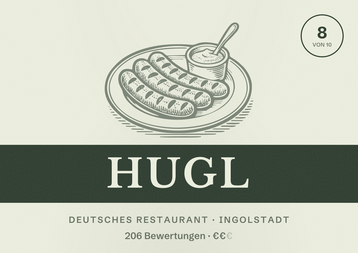 Illustriertes Poster von Hugl, Deutsches Restaurant in Ingolstadt: Bewertung 8 von 10 aus 206 Bewertungen, Preisniveau €€