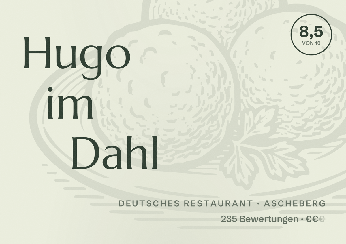 Illustriertes Poster von Hugo im Dahl, Deutsches Restaurant in Ascheberg: Bewertung 8,5 von 10 aus 235 Bewertungen, Preisniveau €€