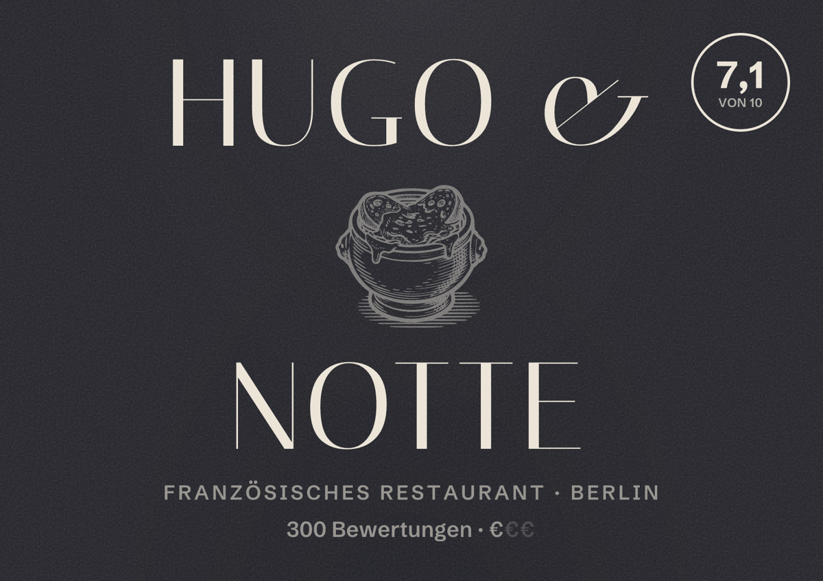 Illustriertes Poster von Hugo & Notte, Französisches Restaurant in Berlin: Bewertung 7,1 von 10 aus 300 Bewertungen, Preisniveau €